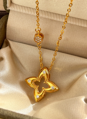 金色镂空四叶草项链女