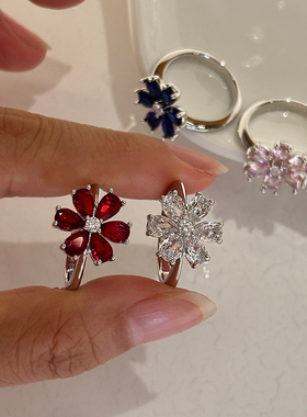 鸽血红满钻太阳花戒指女