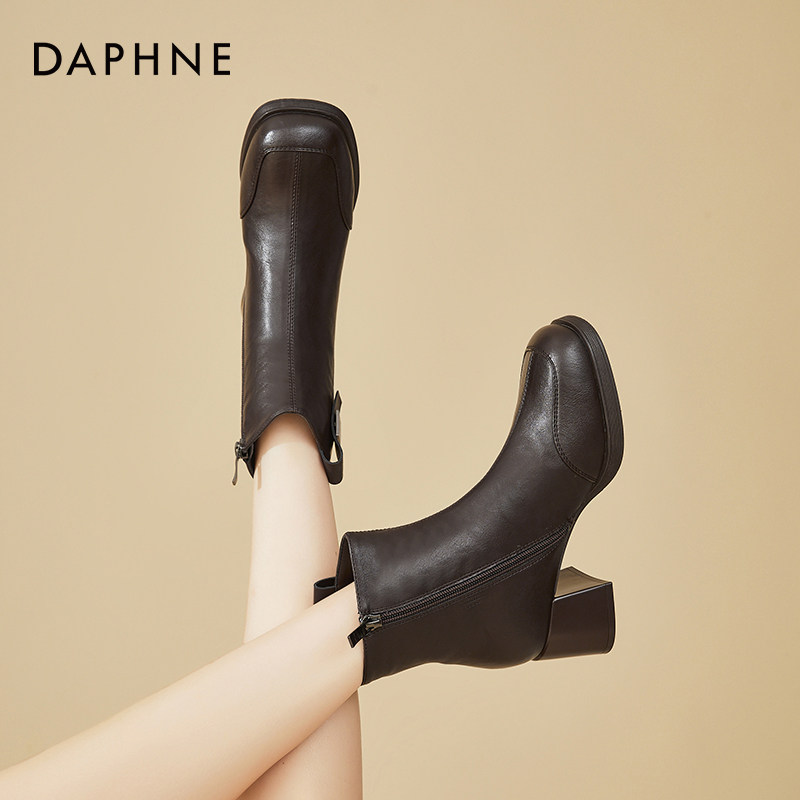 达芙妮法式方头马丁靴女冬季新款加绒保暖棕色粗跟短靴厚底时装靴,淘宝优惠券,粉丝福利购,淘宝优惠卷