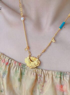 毛衣链金平安鱼包锦鲤双法沙金999项链女店錾同款金锁吊坠锁古刻