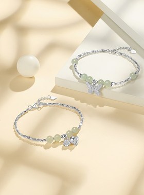 潮宏基倾玉s925银和q田玉手链银饰蝴蝶铃兰花手饰碎银子新年礼物