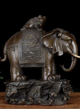 纯铜大象摆件铜象上金蟾蜍大号铜象工艺品家居客厅客厅办公室饰品