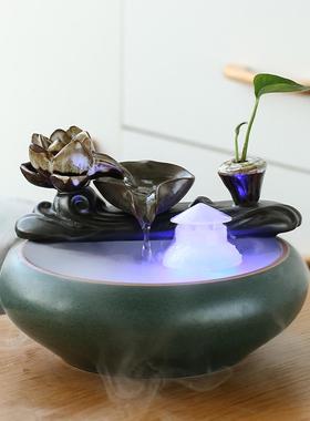 新中式招财流水摆件陶瓷小型桌面客厅茶桌办公室装饰品循环水景观