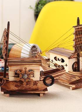 一帆风顺木质小船音乐盒创意黑帆船形发条八音盒同学生礼品工艺品