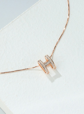 925纯银H字母项链女满钻日韩国锁骨链简约短吊坠气质