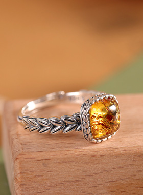 925银 复古做旧个性镶嵌琥珀方形麦穗指环开口百搭戒指