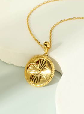 LALACHIC925银项链车花双层圆形四叶草吊坠锁骨链轻奢小众设计