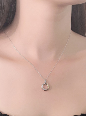 韩版S925银项链女时尚设计感三环三色镶钻圆圈吊坠气质