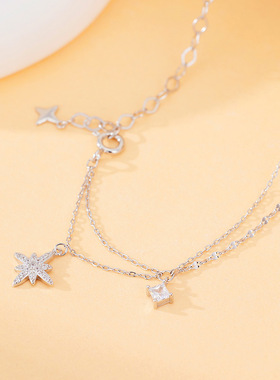 s925纯银闪钻六芒星项链女ins轻奢小众设计冷高级双层流苏锁骨链