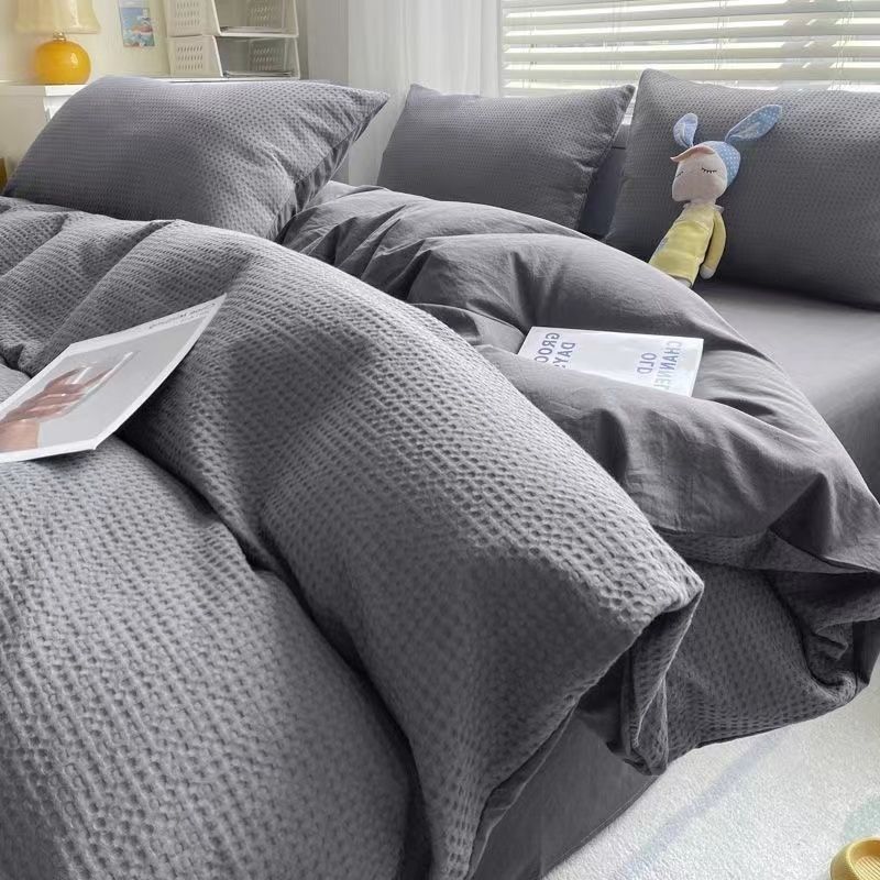 感纯色华夫格四件套四季水洗棉床单被套三件套床上用品简约,淘宝优惠券,粉丝福利购,淘宝优惠卷