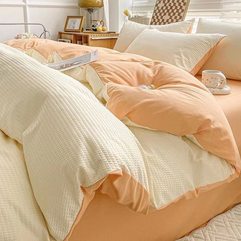 感纯色华夫格四件套四季水洗棉床单被套三件套床上用品简约,淘宝优惠券,粉丝福利购,淘宝优惠卷