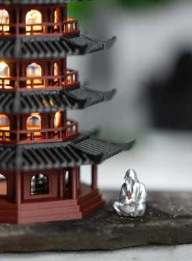 带灯宝塔中式古风庭院建筑模型水陆景观水族鱼缸假山盆景造景摆件