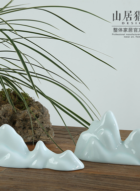 新中式客厅玄关装饰陶瓷工艺品假山禅意摆件 创意小山子笔架镇纸