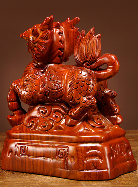 花梨木雕麒麟摆件实木质一对雕刻麒麟工艺品家居客厅玄关装饰摆设