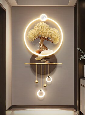 入户玄关装饰画带LED壁灯画轻奢高档3D立体发财树挂画走廊过道画