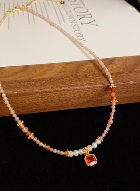 小众时尚轻奢淡水珍珠锆石方钻吊坠项链女设计感水晶串珠锁骨链