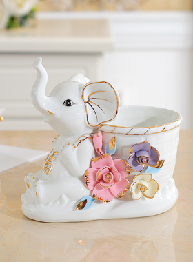 创意陶瓷大象摆件家居装饰品笔筒收纳小摆设书桌办公桌面实用饰品