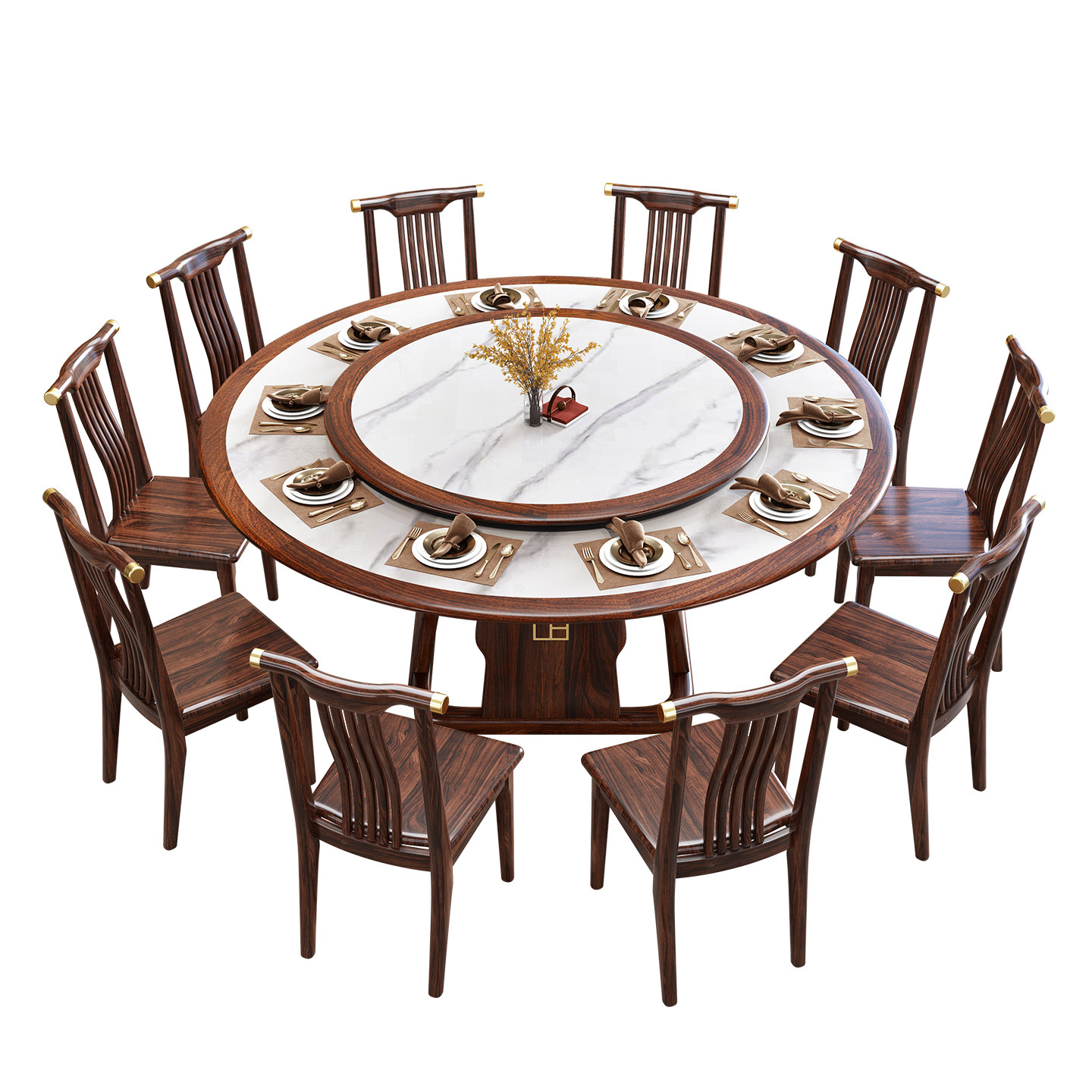 新中式乌金木实木岩板圆餐桌整装椅家用10人带转盘高端全实木圆桌,淘宝优惠券,粉丝福利购,淘宝优惠卷