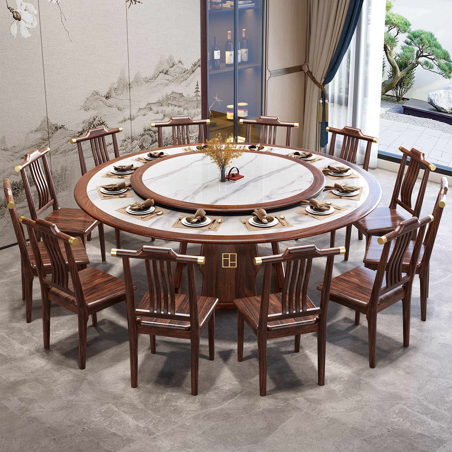 新中式乌金木实木岩板圆餐桌整装椅家用10人带转盘高端全实木圆桌,淘宝优惠券,粉丝福利购,淘宝优惠卷