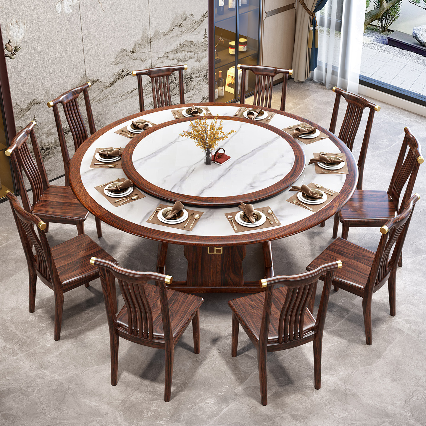 新中式乌金木实木岩板圆餐桌整装椅家用10人带转盘高端全实木圆桌,淘宝优惠券,粉丝福利购,淘宝优惠卷