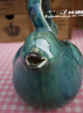 【蓝釉：提梁款雀鸟水壶】北欧乡村地中海 花园摆设 时尚家居饰品