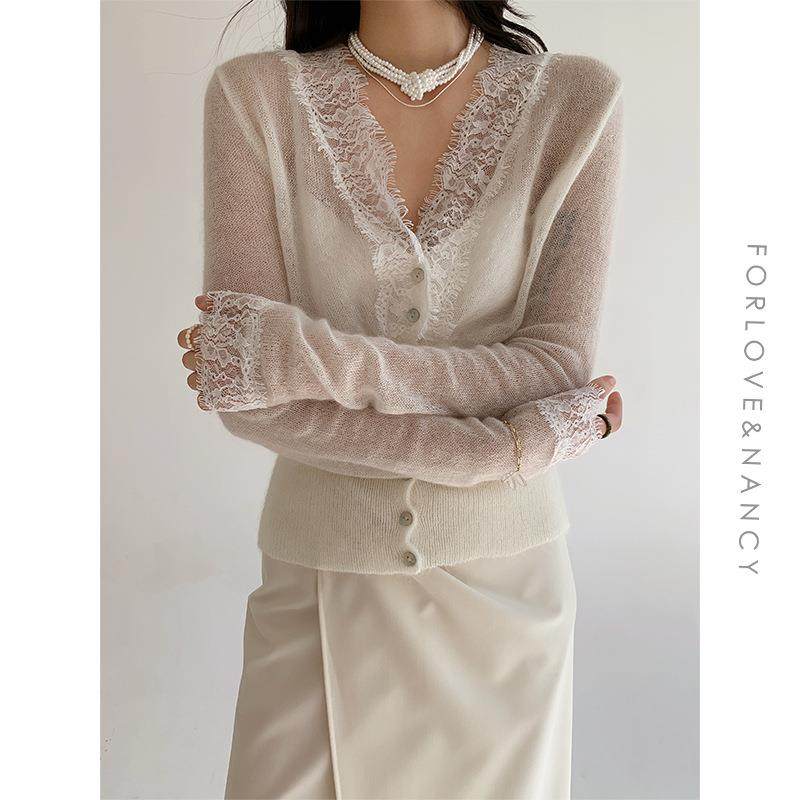 爱与南希十三行2025夏季装慵懒气质V领长袖蕾丝拼接上衣女,淘宝优惠券,粉丝福利购,淘宝优惠卷