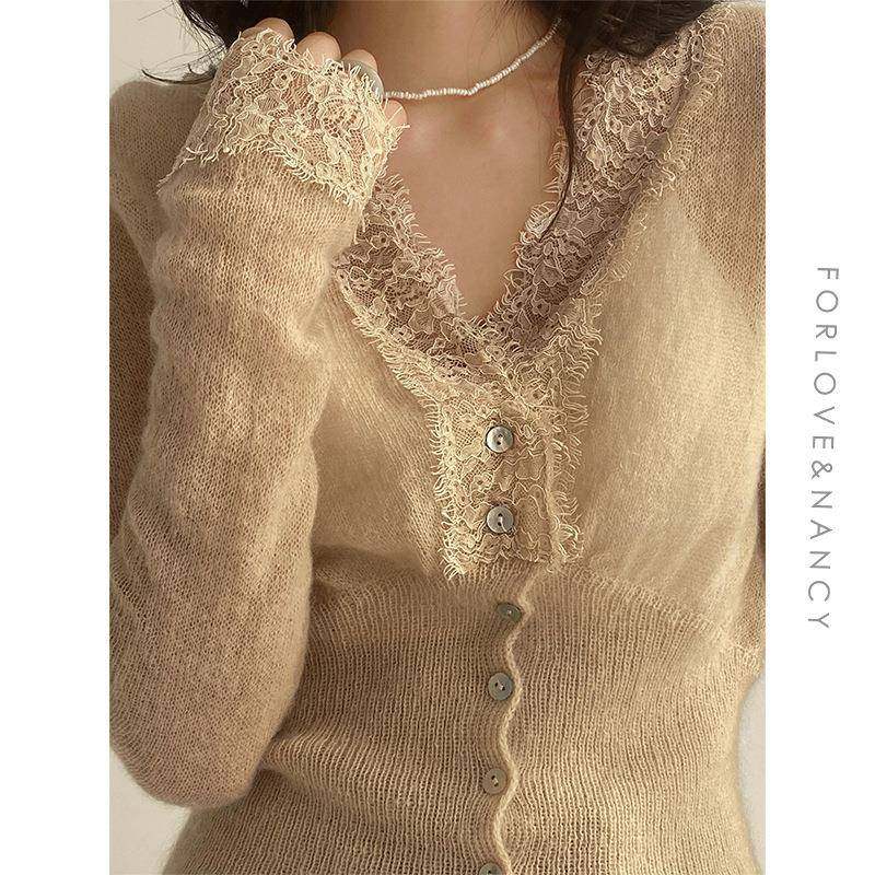 爱与南希十三行2025夏季装慵懒气质V领长袖蕾丝拼接上衣女,淘宝优惠券,粉丝福利购,淘宝优惠卷