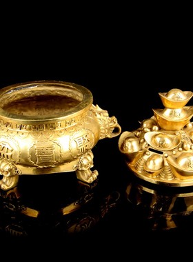 开盖三足元宝聚宝盆摆件铜元宝铜聚宝盆工艺品店铺摆设可开盖摆设