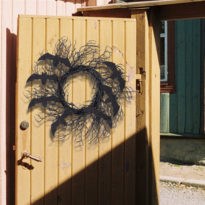 晶辰跨境万圣节仿真装饰花环黑色枯枝蝙蝠藤圈窗门挂派对道具 - 图0