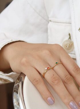 白日系法式清新色红缤纷彩掉可水洗款细戴不白指环叠显绿色多戒指