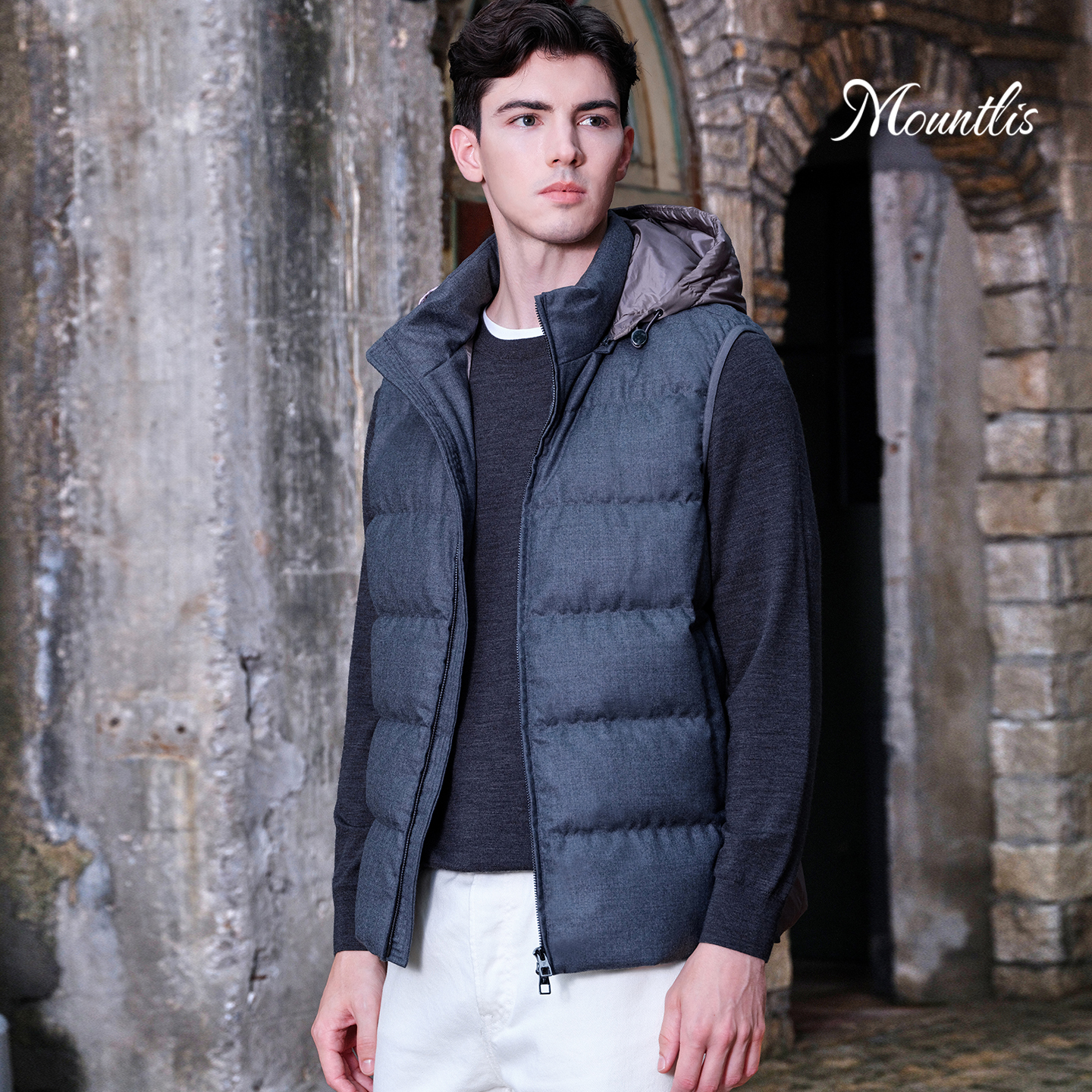 Mountlis蒙缇 羊毛鹅绒服连帽羽绒服男冬季加厚无袖马甲羽绒外套 - 图0