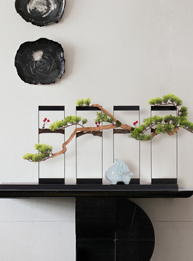 新中式进门玄关摆k件客厅过道走廊铁艺迎客松禅意摆设案几软装饰