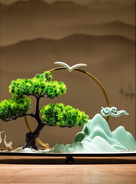 沙盘酒店餐桌中间新中式玄关装饰摆饰会所盆景Q观圆桌轻奢迎客松