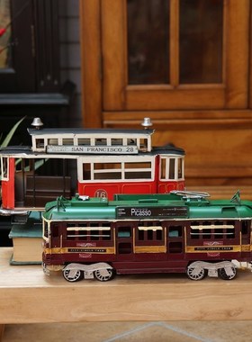 复古怀旧铁艺有轨电车模型手工创意民宿橱窗书房装饰.工业风摆件