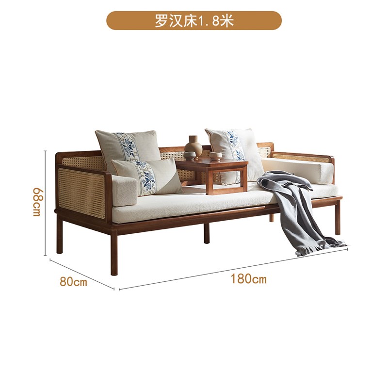 藤编沙发客厅g实木罗汉床组合小户型新中式白蜡木抽拉伸缩睡塌床 - 图1
