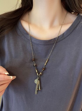 波西米亚复古钱币流苏串珠项链女新D中式民族风做旧叠戴长款毛衣