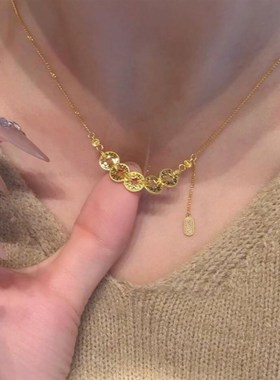 爆闪碎碎冰五帝钱币项链 女新中式纯D银镀18K金招财纳福钱多多礼