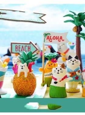 日式猫ZAKKA 夏日三毛猫白熊企鹅公仔夏天沙滩场景拍照摆件