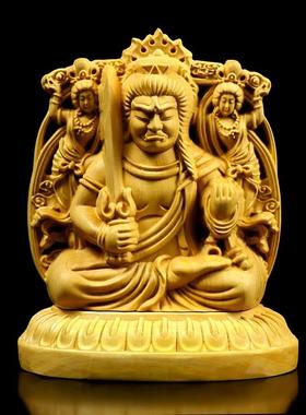 黄杨木本命年双面雕刻观音汽车摆件阿弥陀佛手把件生肖守护神佛像