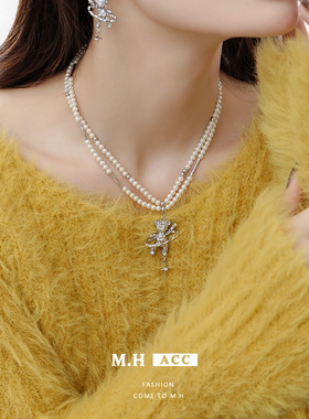 鱼头星星双层叠戴锁骨链风女生轻奢小众银色时尚小熊星星珍珠项链