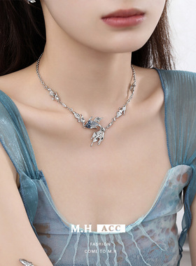 鱼头星星轻奢感冷淡风时尚女生锁骨链渐变蓝金鱼项链银色饰品时尚