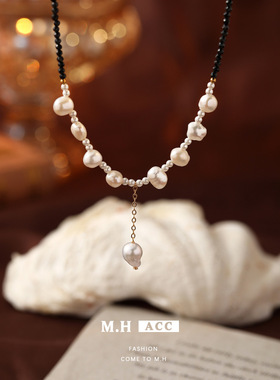 鱼头星星淡水珍珠项链气质尖晶石法式巴洛克时尚黑色官方正品饰品