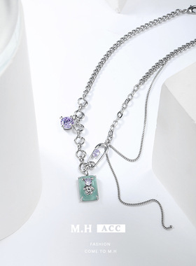 鱼头星星潮酷锁骨链个性几何方形配饰感蓝牌小熊项链女生节日礼物