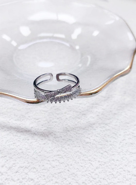 鱼头星星镶钻简约指环开口食指戒S925纯银双层蝴蝶戒指女轻奢礼物