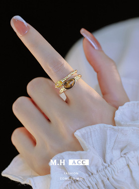 鱼头星星戒指女生轻奢个性复古虎眼石食指戒镂空官方正品饰品潮流