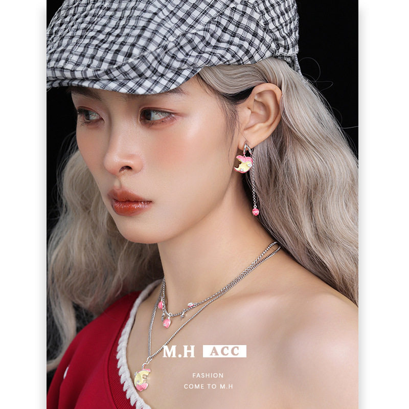 鱼头星星小众耳饰咬一口苹果长款流苏甜酷耳钉女生设计感耳环饰品,淘宝优惠券,粉丝福利购,淘宝优惠卷