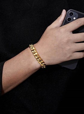 跨境欧美弹簧扣不锈钢古巴链男士手链潮牌嘻哈钛钢手链饰品