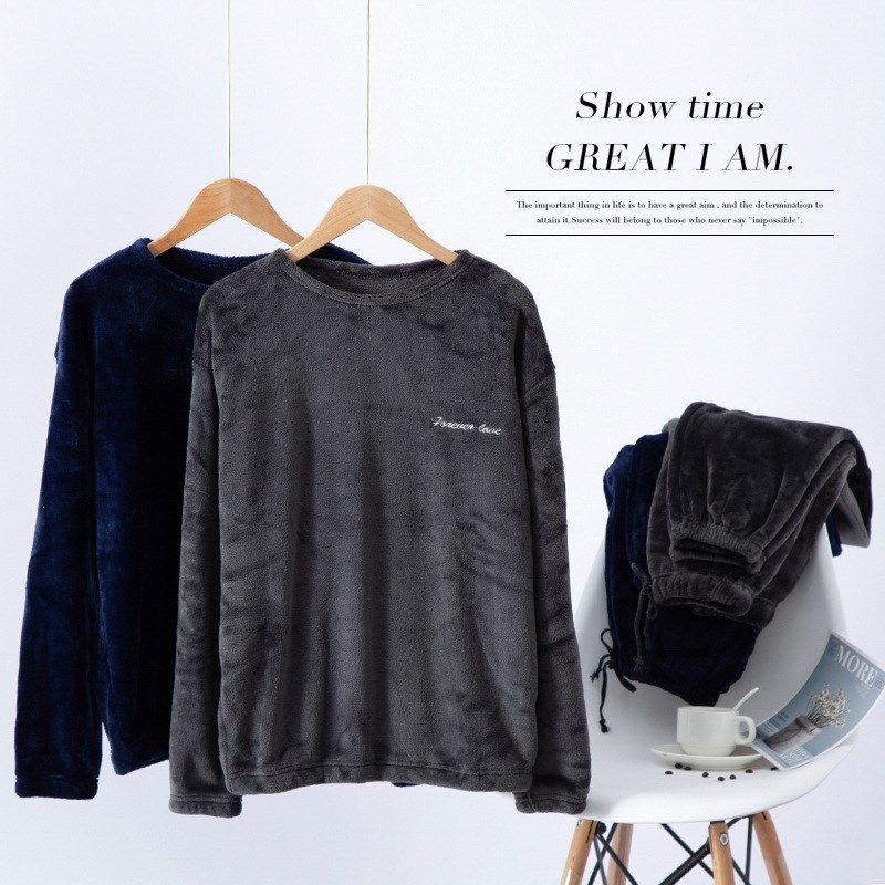 睡衣男冬季珊瑚绒加厚加绒保暖家居服套装纯色法兰绒套头男士秋冬,淘宝优惠券,粉丝福利购,淘宝优惠卷