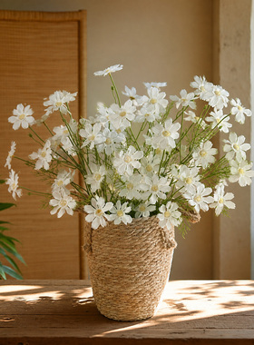 格桑花插花草编花篮仿真花摆件