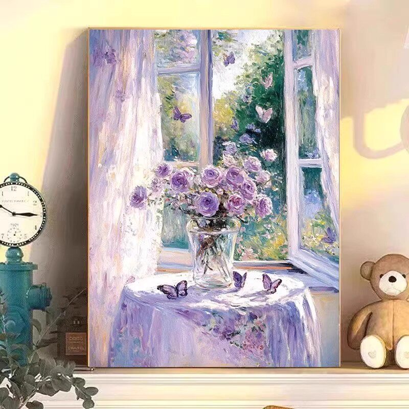窗台鲜花卉装饰画成品仿油画风景玫瑰欧式唯美清新卧室客厅摆挂画